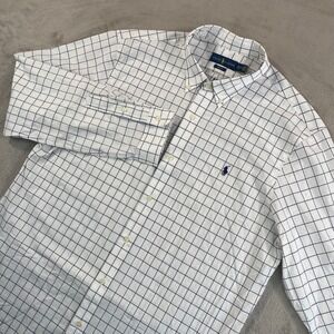 Polo Ralph Lauren Oxford Shirt Men 2XL White Blue WindowPane Slim Fit Pony Prepp